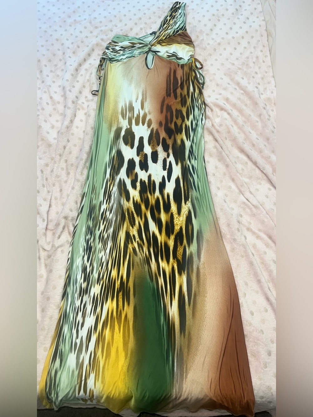 Fashion Nova One-Shoulder Twist Maxi Dress in Green & Brown Animal Print